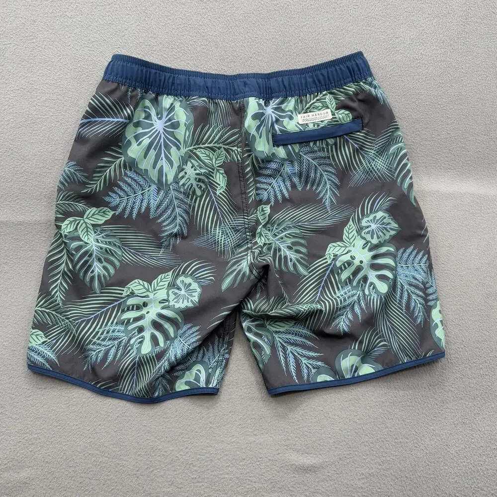 Fair Harbor Shorts‎ Mens XL Green Tropical Swim Trunks Lined Zipper Pocket Beach